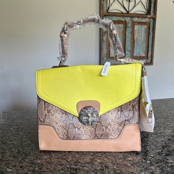 Aldo Handbags - Aldo Yellow and Tan Satchel with Snake Print NWT